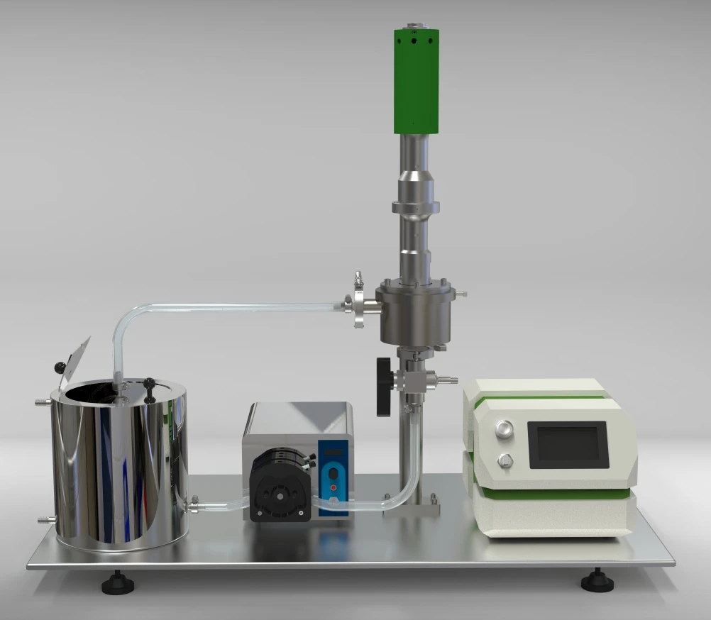 Laboratory ultrasonic homogenizer with small flow cell